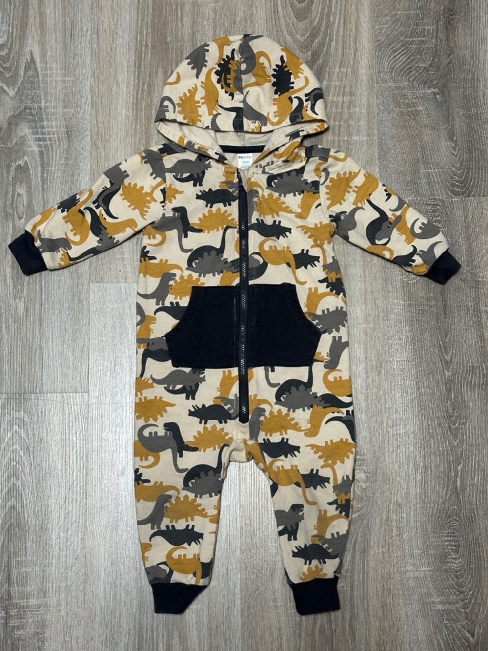 Hooded Dino Zip-Front One-Piece - Beige Mustard Charcoal